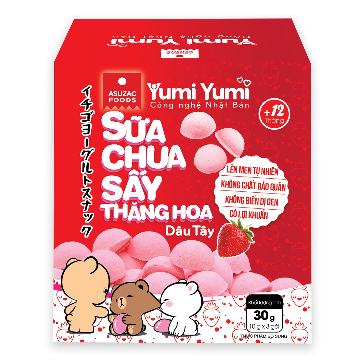 Sữa chua sấy thăng hoa vị dâu Asuzac cho bé trên 12 tháng tuổi - mặt trái