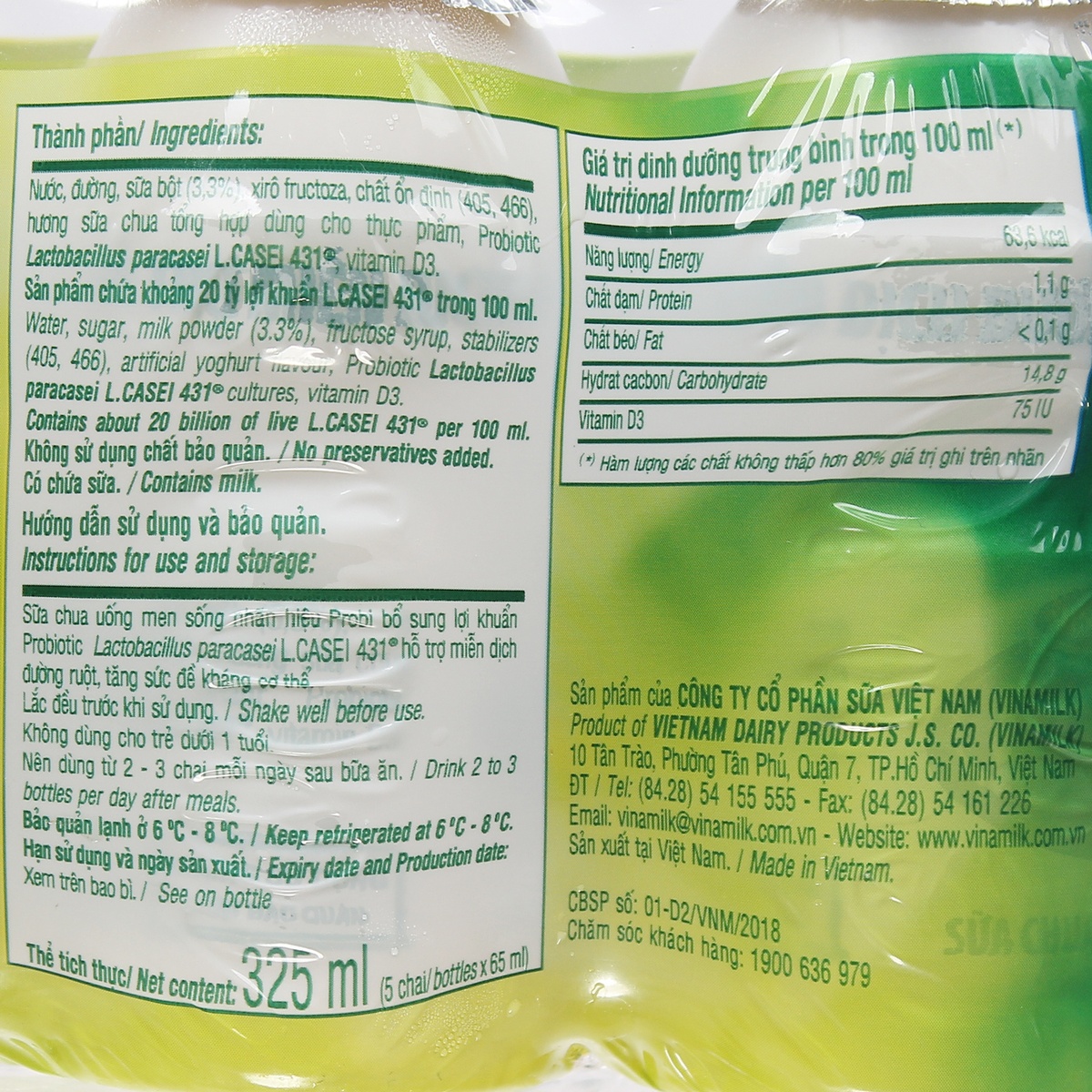 Sữa chua uống lợi khuẩn Probi vỉ 5 Lọ 65ml  - mặt sau