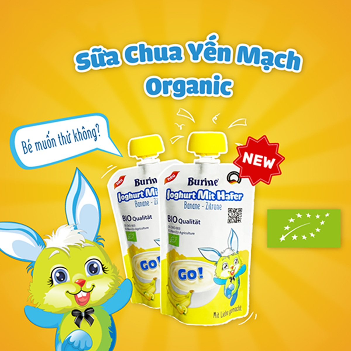 Sữa chua yến mạch Burine Organic vị chuối chanh 95gr cho bé trên 6 tháng tuổi - mặt trái