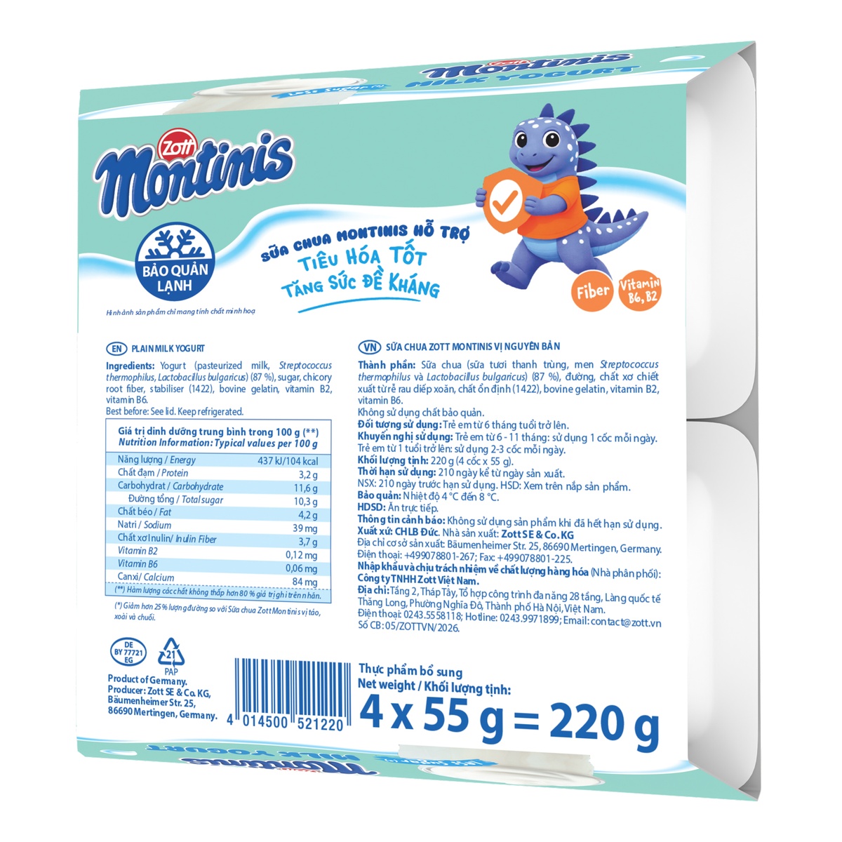 Sữa chua Zott Montinis vị nguyên bản 4*55g - mặt phải