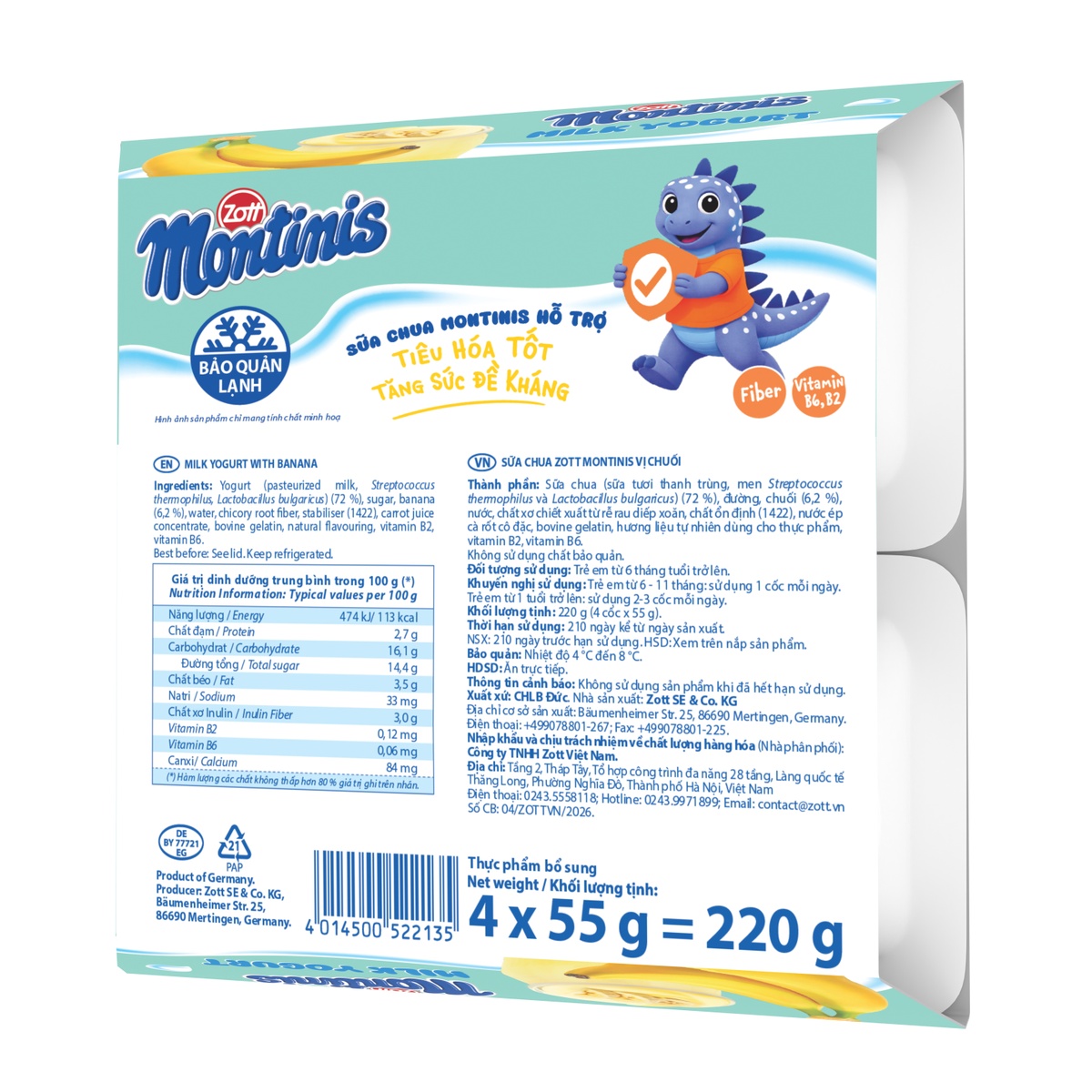 Sữa chua Zott Montinis vị chuối 4*55g - mặt trái