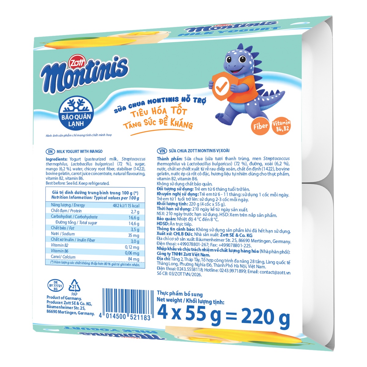 Sữa chua Zott Montinis vị xoài 4*55g - mặt phải