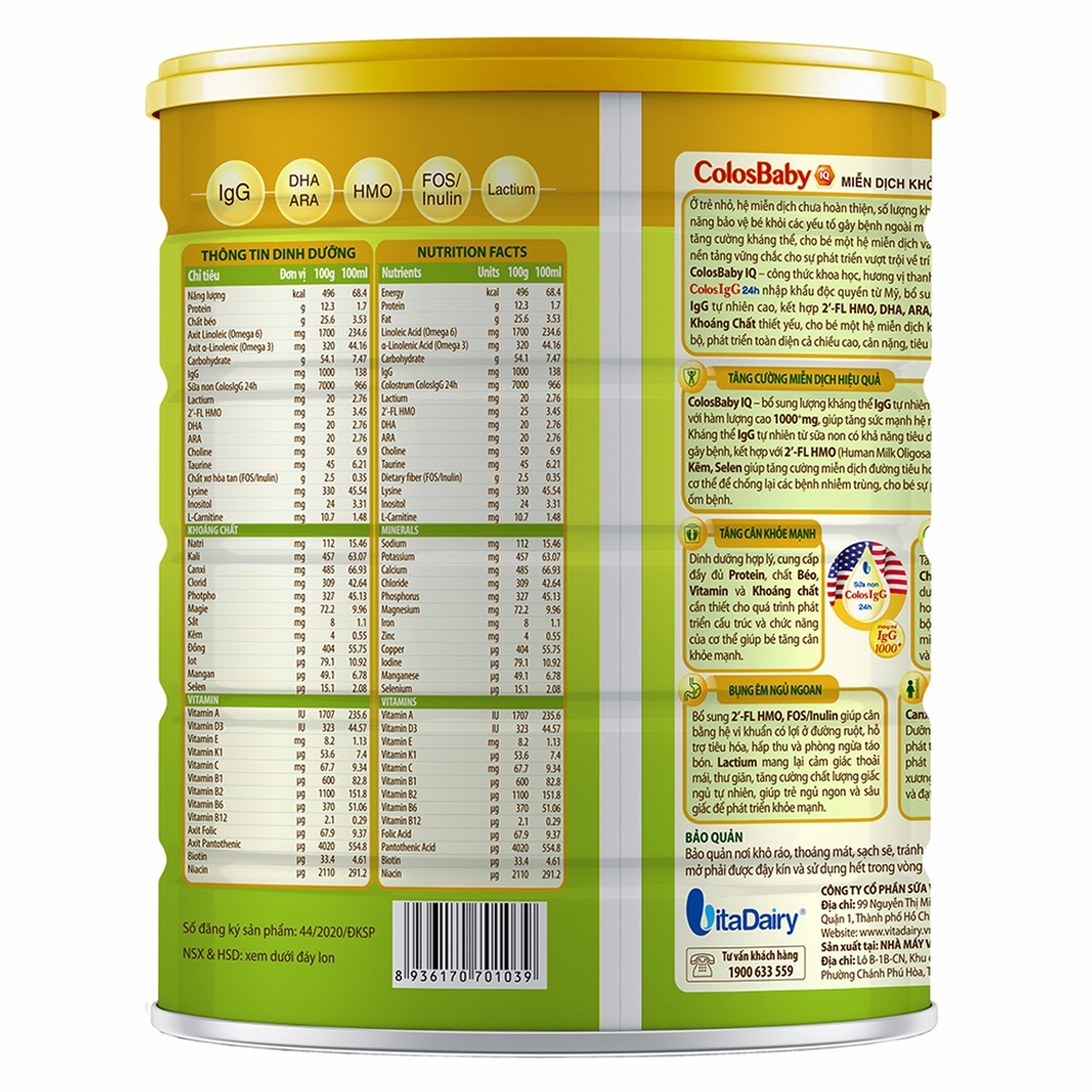 Sản phẩm dinh dưỡng công thức ColosBaby IQ Gold 0+ 800g cho bé từ 0-12 tháng tuổi - mặt trái