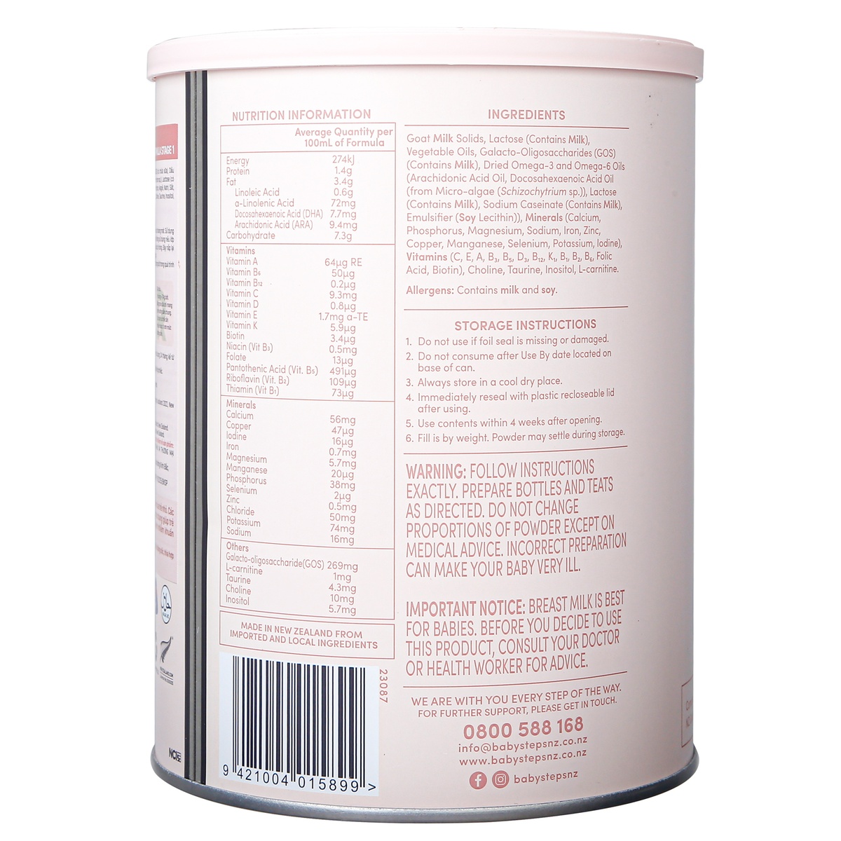 Sản phẩm dinh dưỡng công thức Baby Steps dê số 1 900g cho bé 0-6 tháng - mặt phải