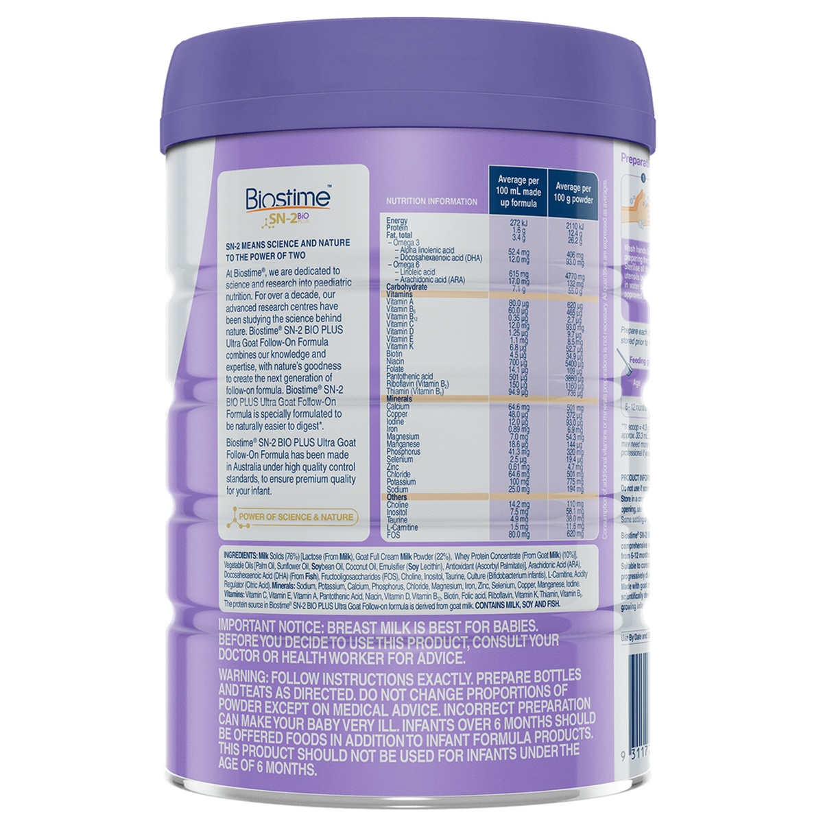 Sản phẩm dinh dưỡng công thức Biostime số 2 SN-2 Bio Plus 800g cho bé 6-12 tháng - mặt trái
