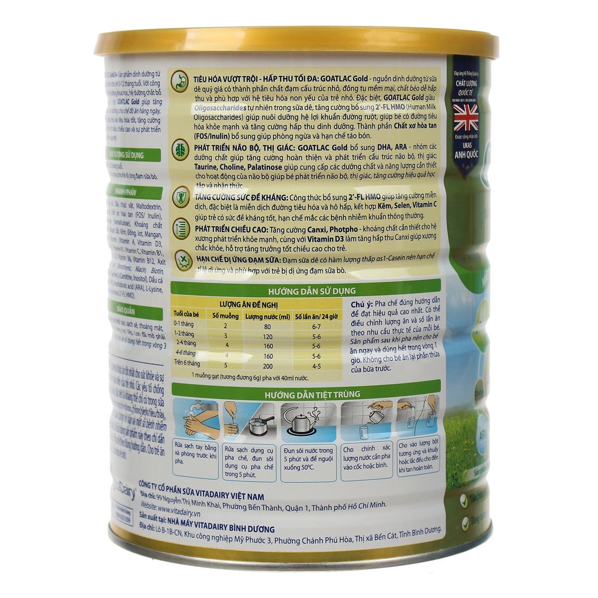 Sữa dê Goatlac Gold 0+ 800G cho bé biếng ăn (0-12M) - mặt trái