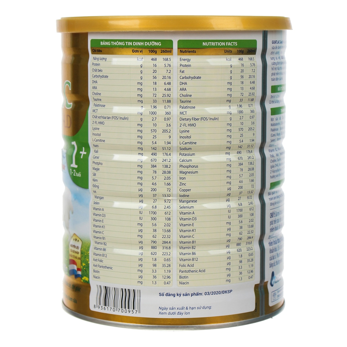 Sữa dê Goatlac Gold 1+ 800G cho bé biếng ăn (1-2Y) - mặt phải