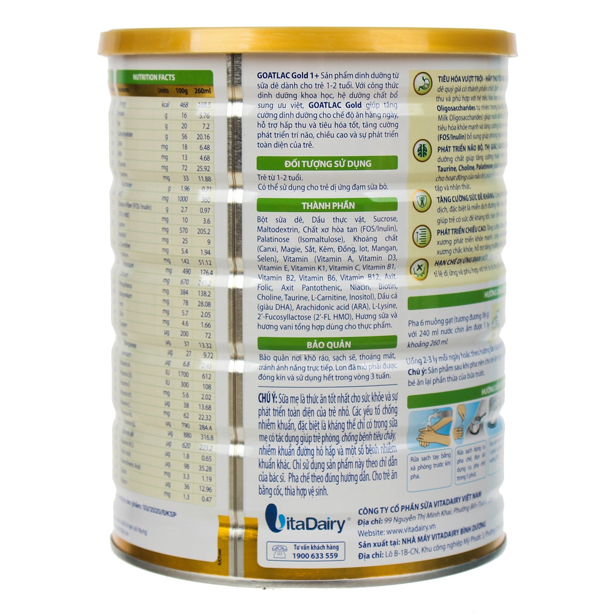Sữa dê Goatlac Gold 1+ 800G cho bé biếng ăn (1-2Y) - mặt sau