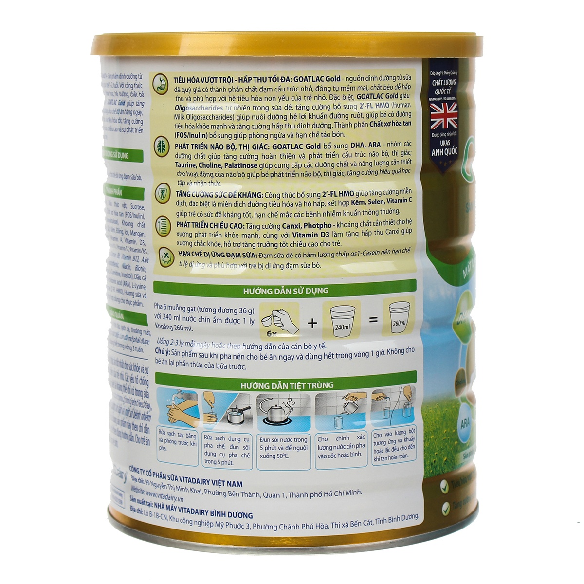 Sữa dê Goatlac Gold 1+ 800G cho bé biếng ăn (1-2Y) - mặt trái