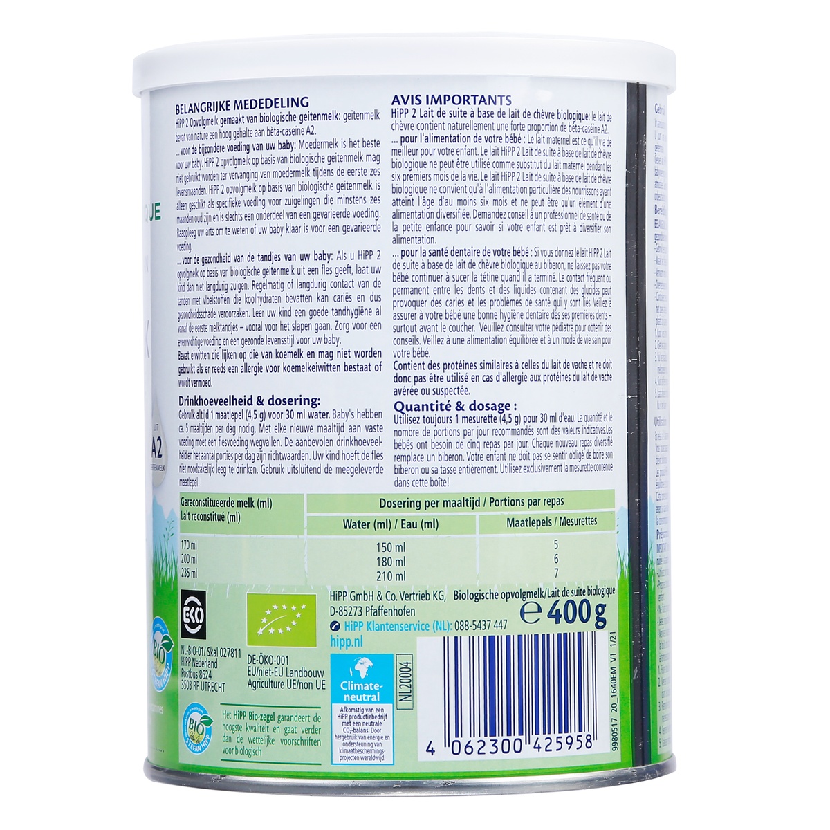 Sữa dê HiPP Organic số 2 (cho bé 6-12 tháng) 400g - mặt sau