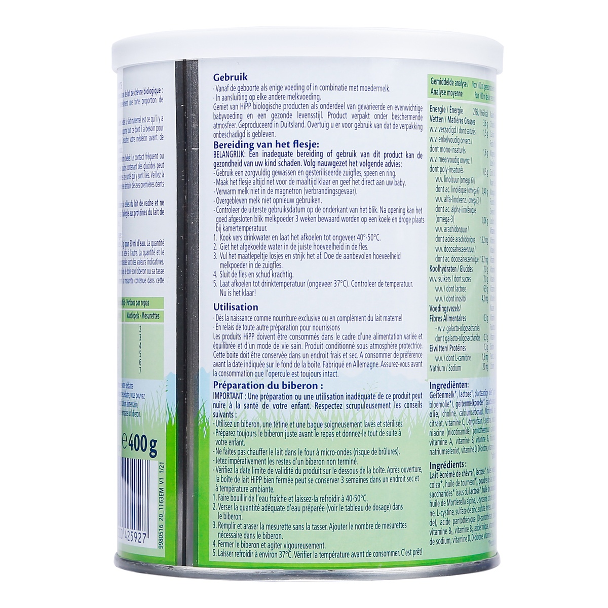 Sữa dê HiPP Organic số 1 (400g) cho bé 0-6 tháng tuổi - mặt phải
