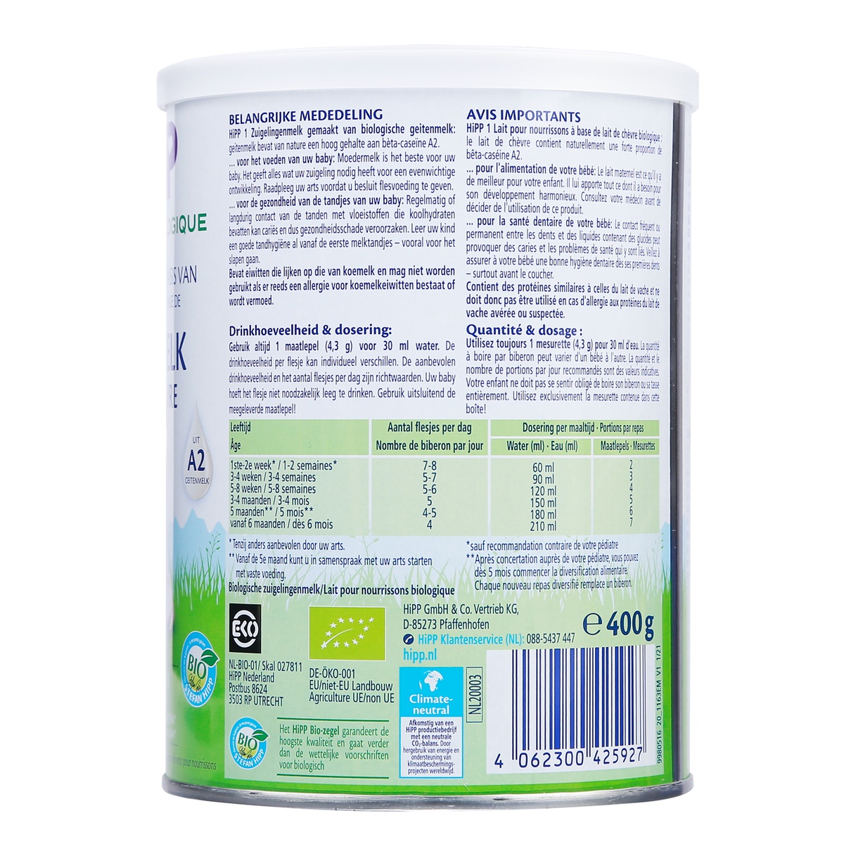 Sữa dê HiPP Organic số 1 (400g) cho bé 0-6 tháng tuổi - mặt sau