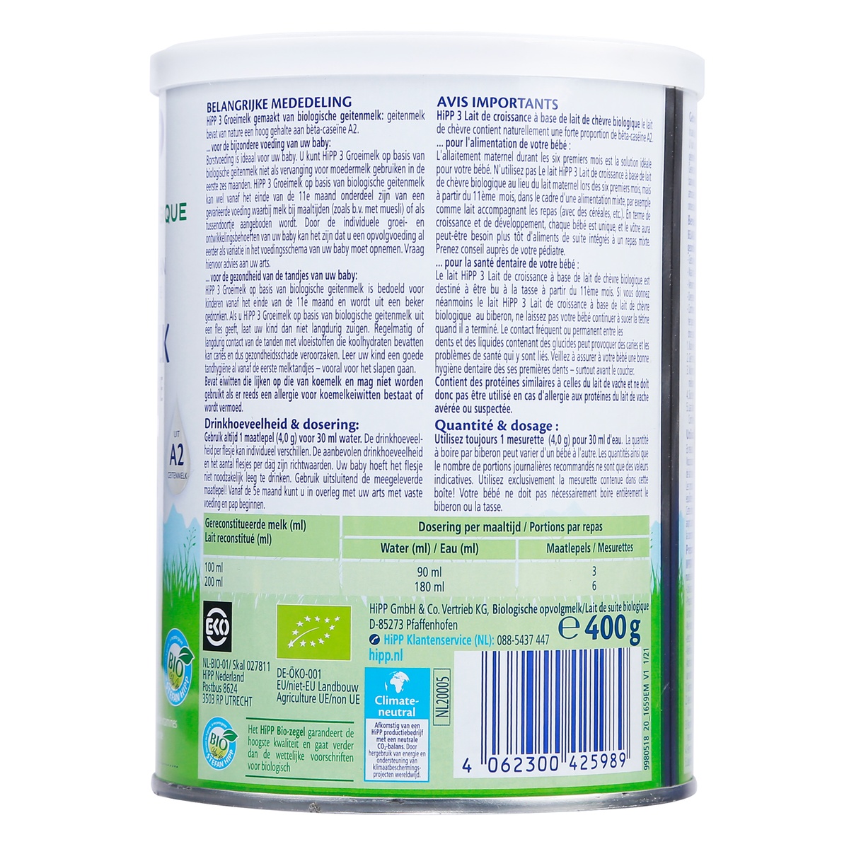 Sữa dê Hipp Organic số 3 400g cho bé trên 12 tháng tuổi - mặt sau