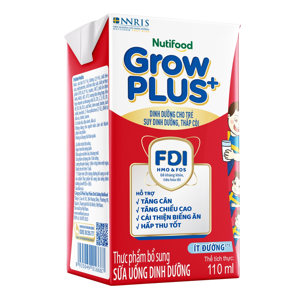 Sữa dinh dưỡng pha sẵn Nutifood GrowPlus+ Đỏ ít đường  4*110ml  - mặt phải