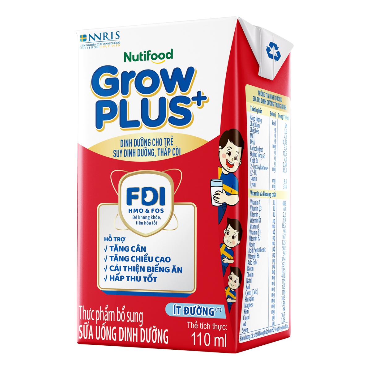 Sữa dinh dưỡng pha sẵn Nutifood GrowPlus+ Đỏ ít đường  4*110ml  - mặt sau