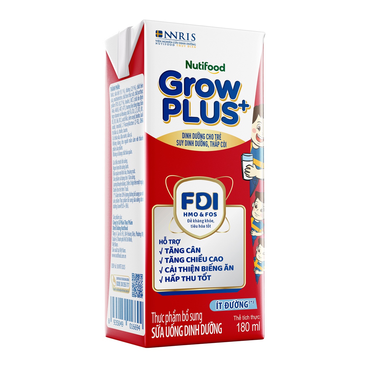 Sữa dinh dưỡng pha sẵn Nutifood GrowPlus+ Đỏ ít đường 4*180ml - mặt sau