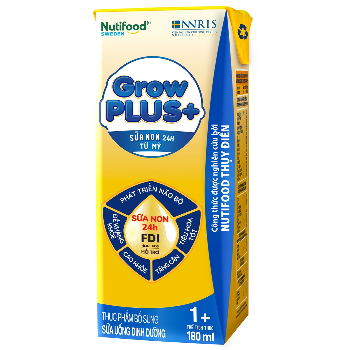 Sữa dinh dưỡng pha sẵn Nutifood GrowPlus+ Vàng  4*180ml - mặt phải