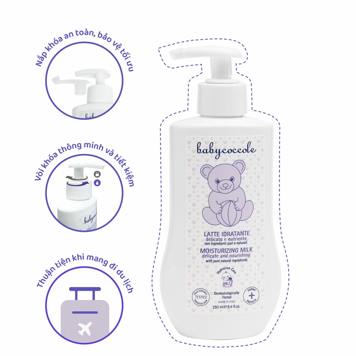Sữa dưỡng ẩm chiết xuất hạnh nhân Babycoccole 250ml 0M+ - mặt trái