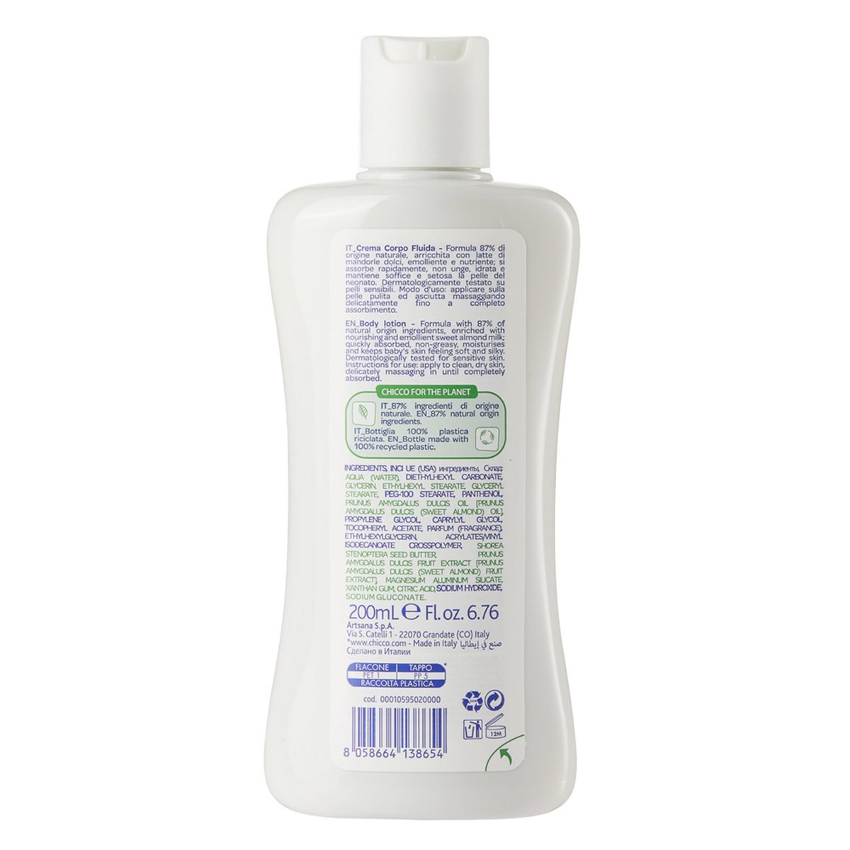 Sữa dưỡng ẩm chiết xuất Hạnh nhân Chicco 0M+ 200ml - góc nghiêng