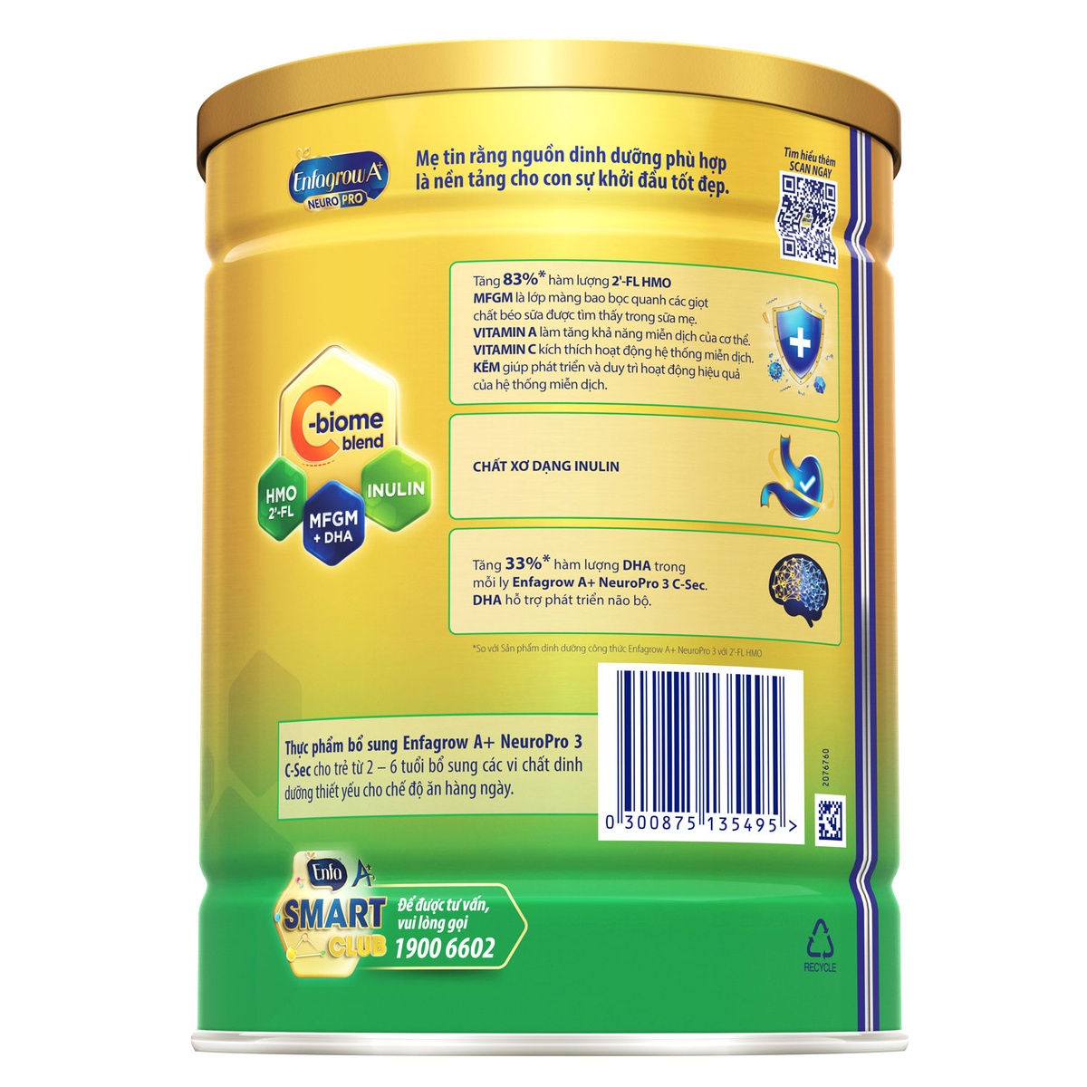 Thực phẩm bổ sung Enfagrow A+ NeuroPro 3 C-Sec 800g (cho bé từ 2-6 tuổi) - mặt trái