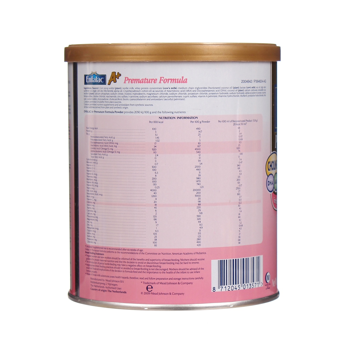 Sữa bột Enfalac Premature 400g - mặt sau