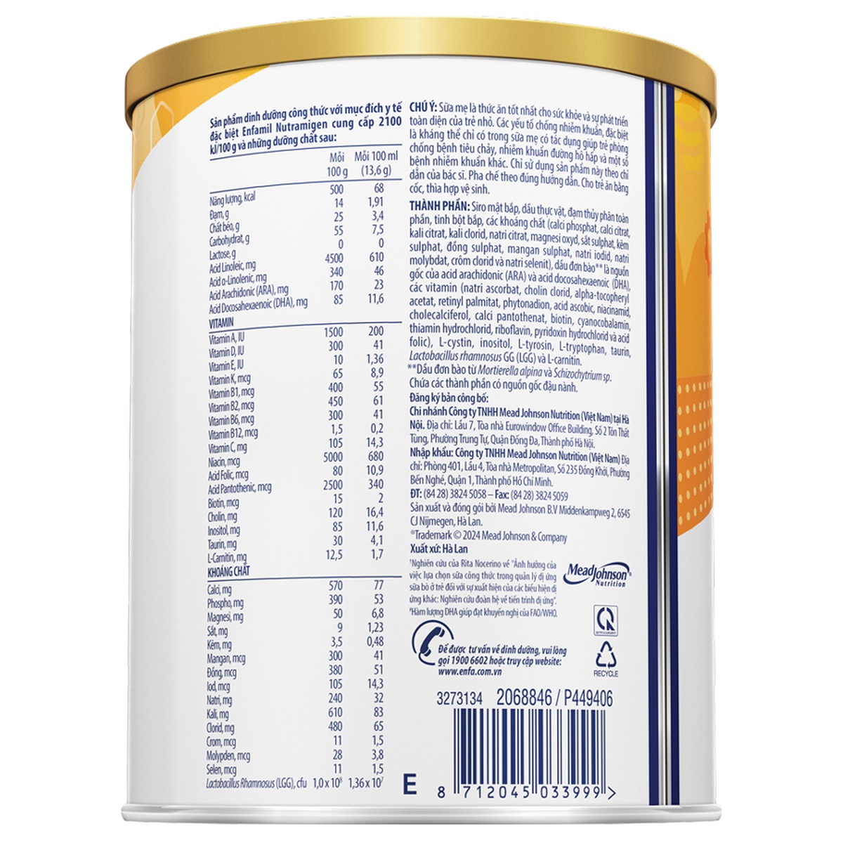 Sản phẩm dinh dưỡng công thức Enfamil Nutramigen 400g (cho bé 0-12 tháng) - mặt trái