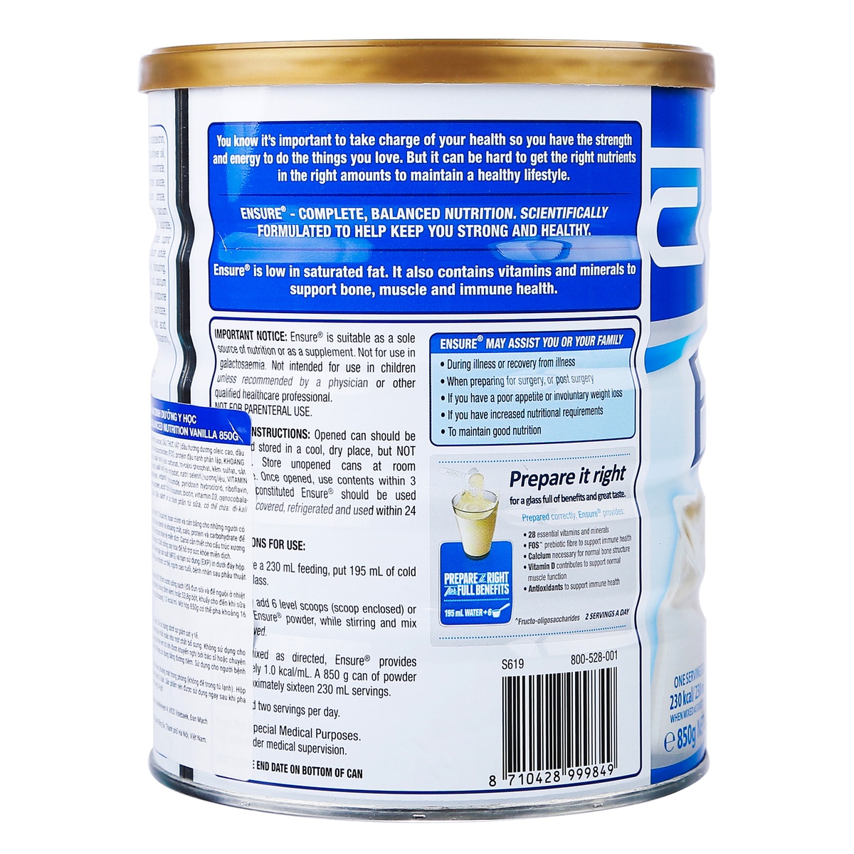 Thực phẩm dinh dưỡng y học Ensure Úc hương Vanilla 850g - mặt phải