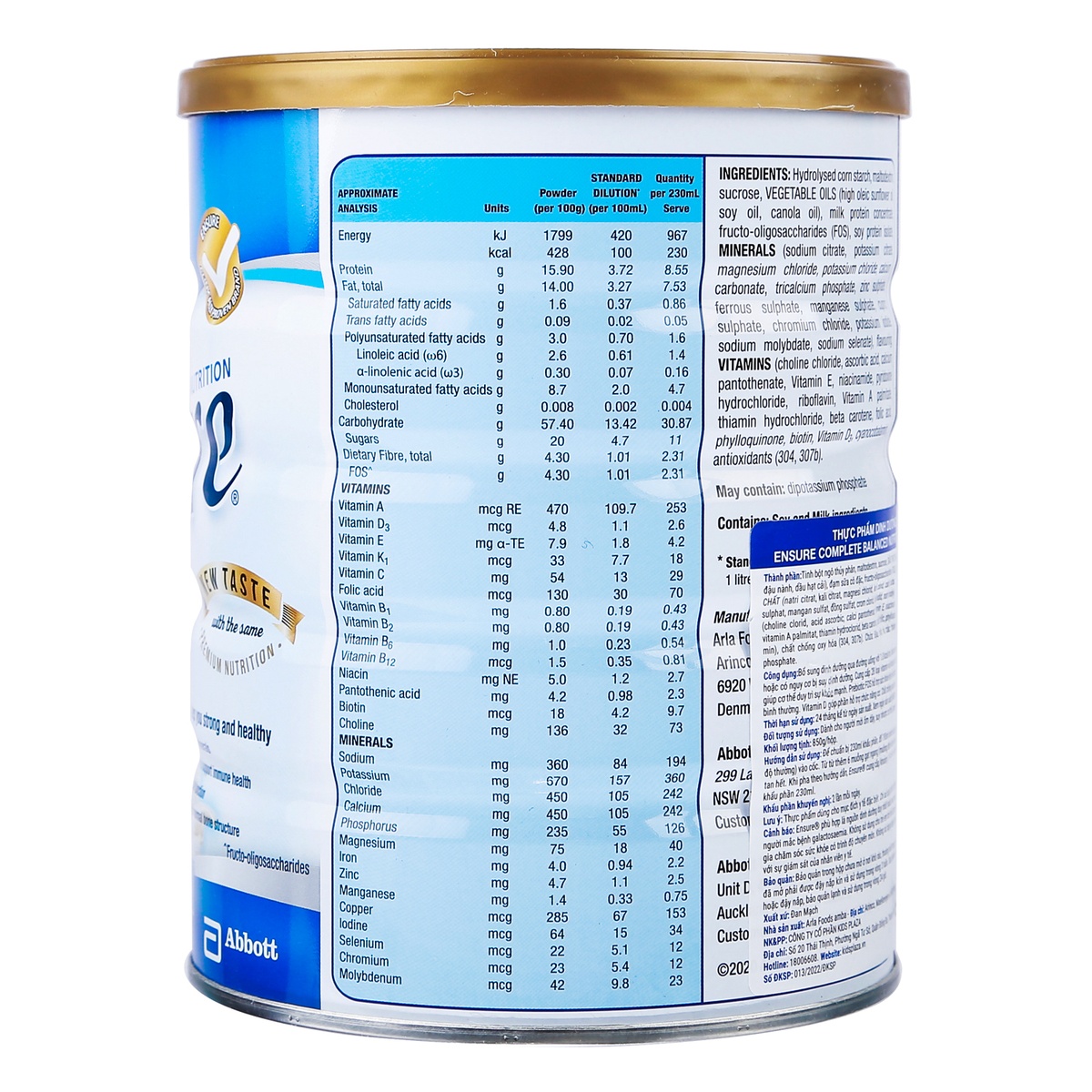 Thực phẩm dinh dưỡng y học Ensure Úc hương Vanilla 850g - góc nghiêng