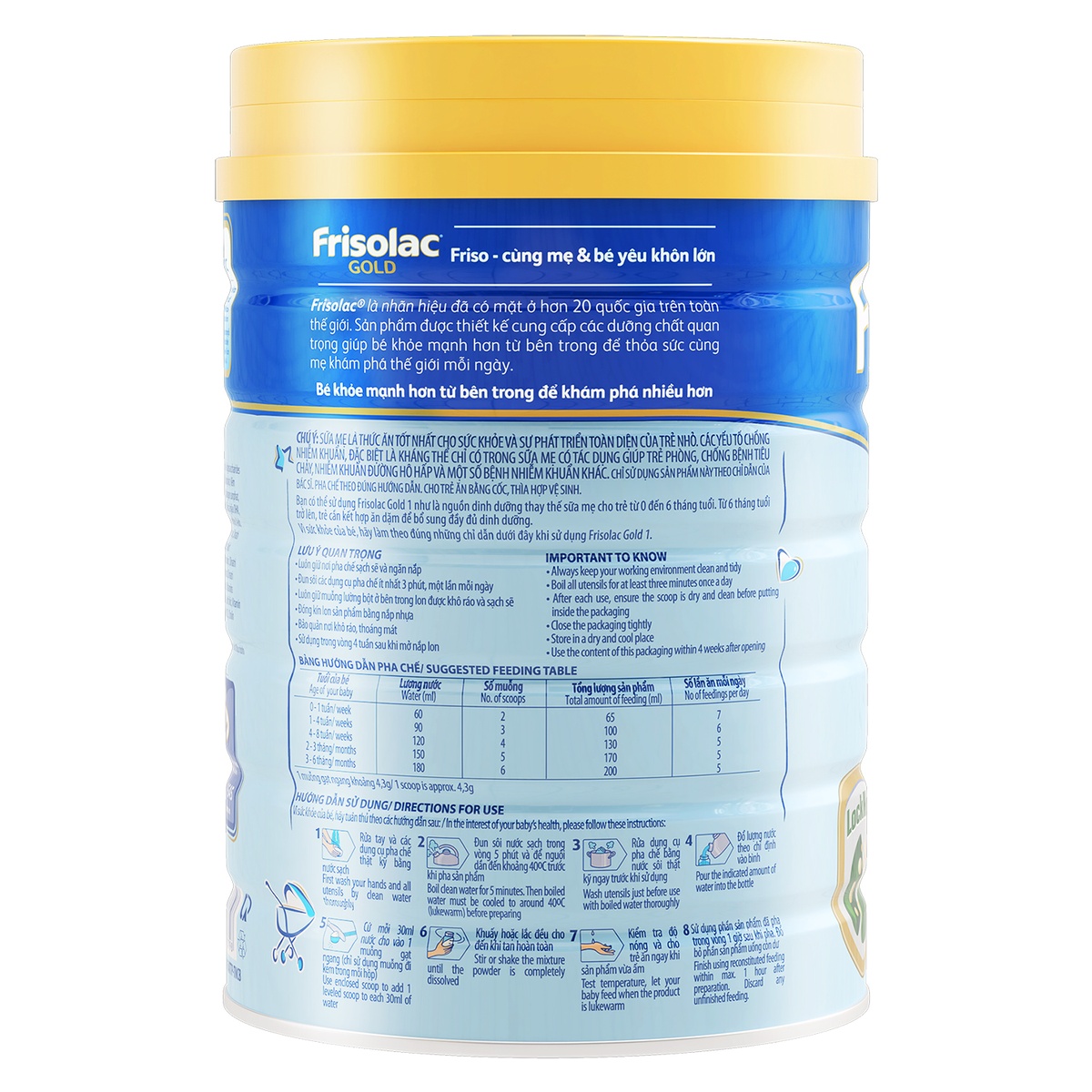 Sữa Frisolac Gold 1 900g cho bé 0-6M - mặt sau