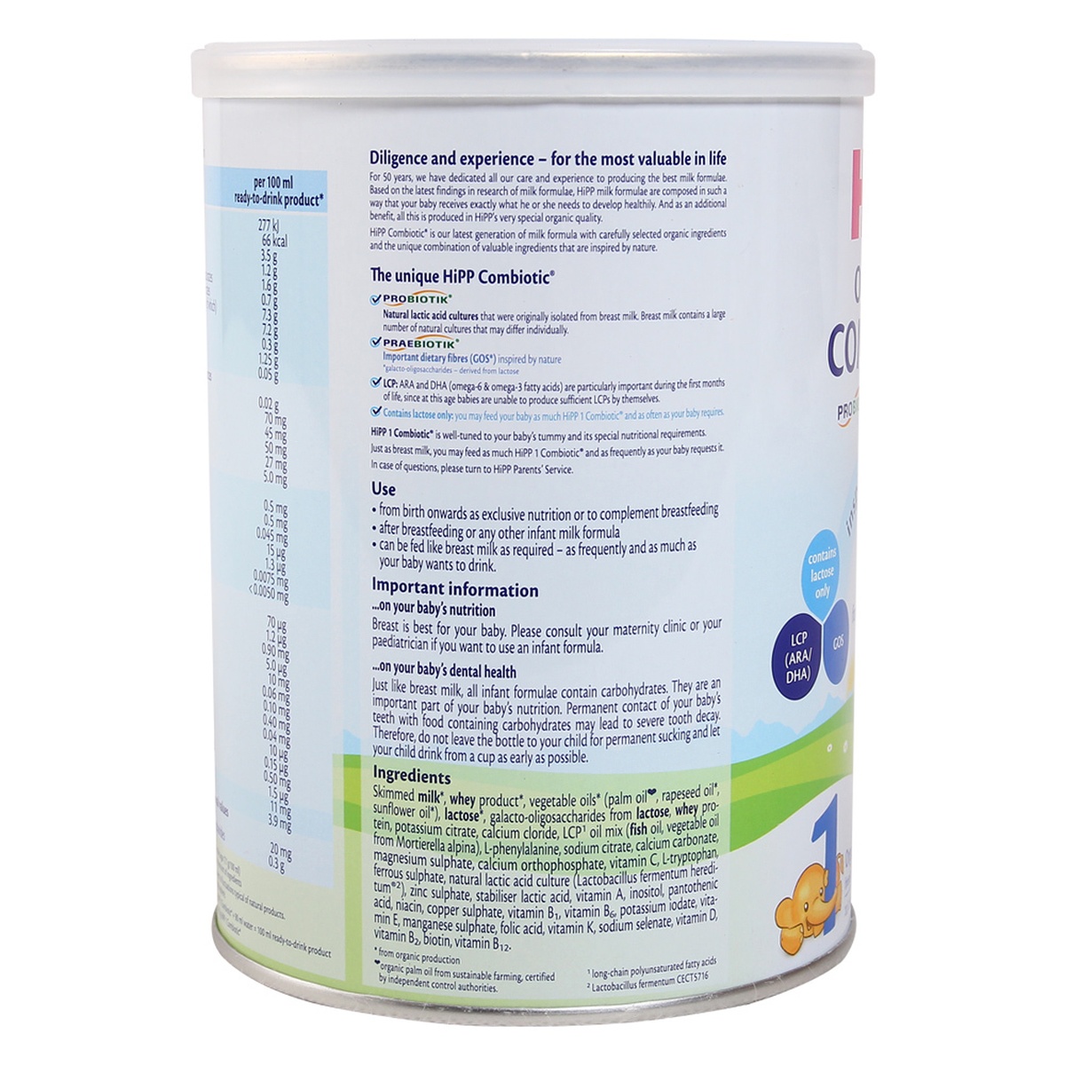 Sữa Hipp số 1 Combiotic Organic 350g - mặt sau