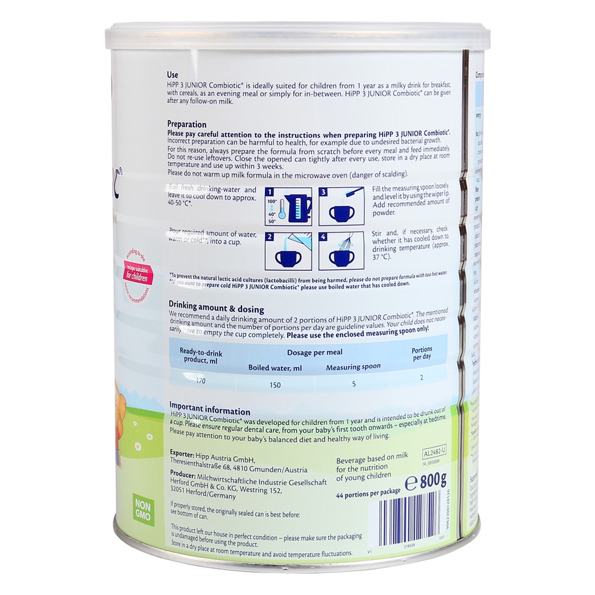 Sữa Hipp số 3 Junior Combiotic 800g (> 1 tuổi) - mặt sau