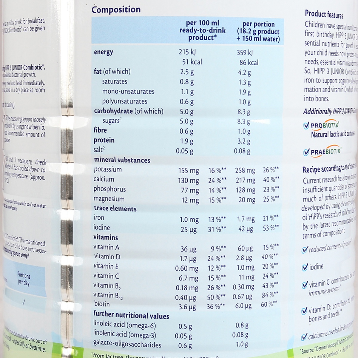 Sữa Hipp số 3 Junior Combiotic 800g (> 1 tuổi) - mặt phải