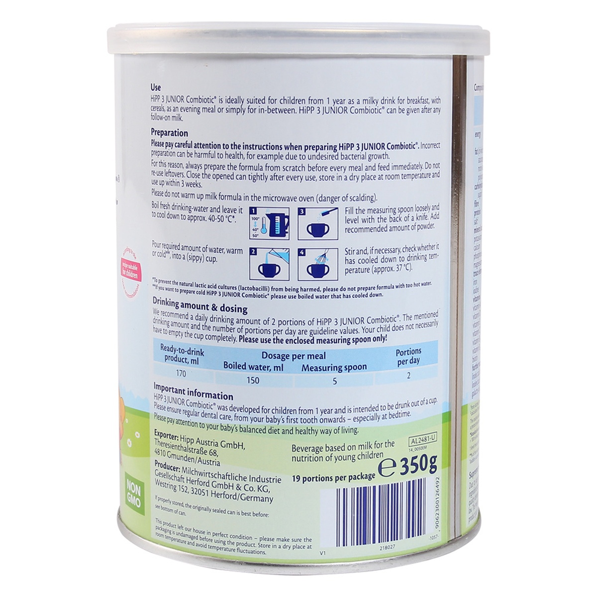 Sữa Hipp số 3 Junior Combiotic 350g (>1 tuổi) - góc nghiêng