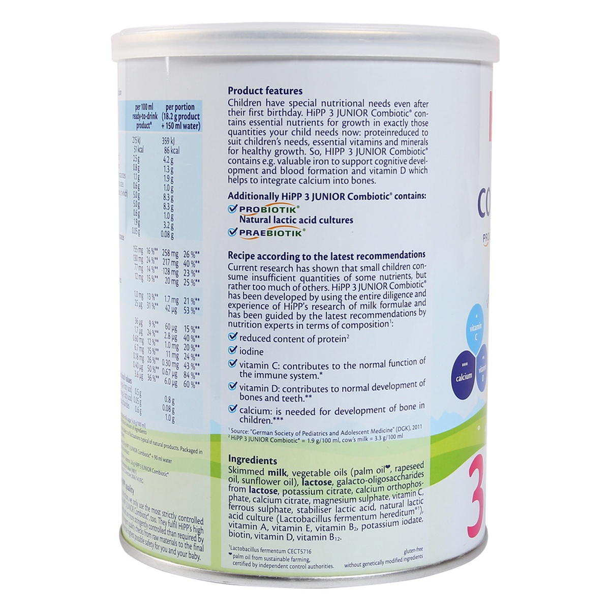 Sữa Hipp số 3 Junior Combiotic 350g (>1 tuổi) - mặt sau