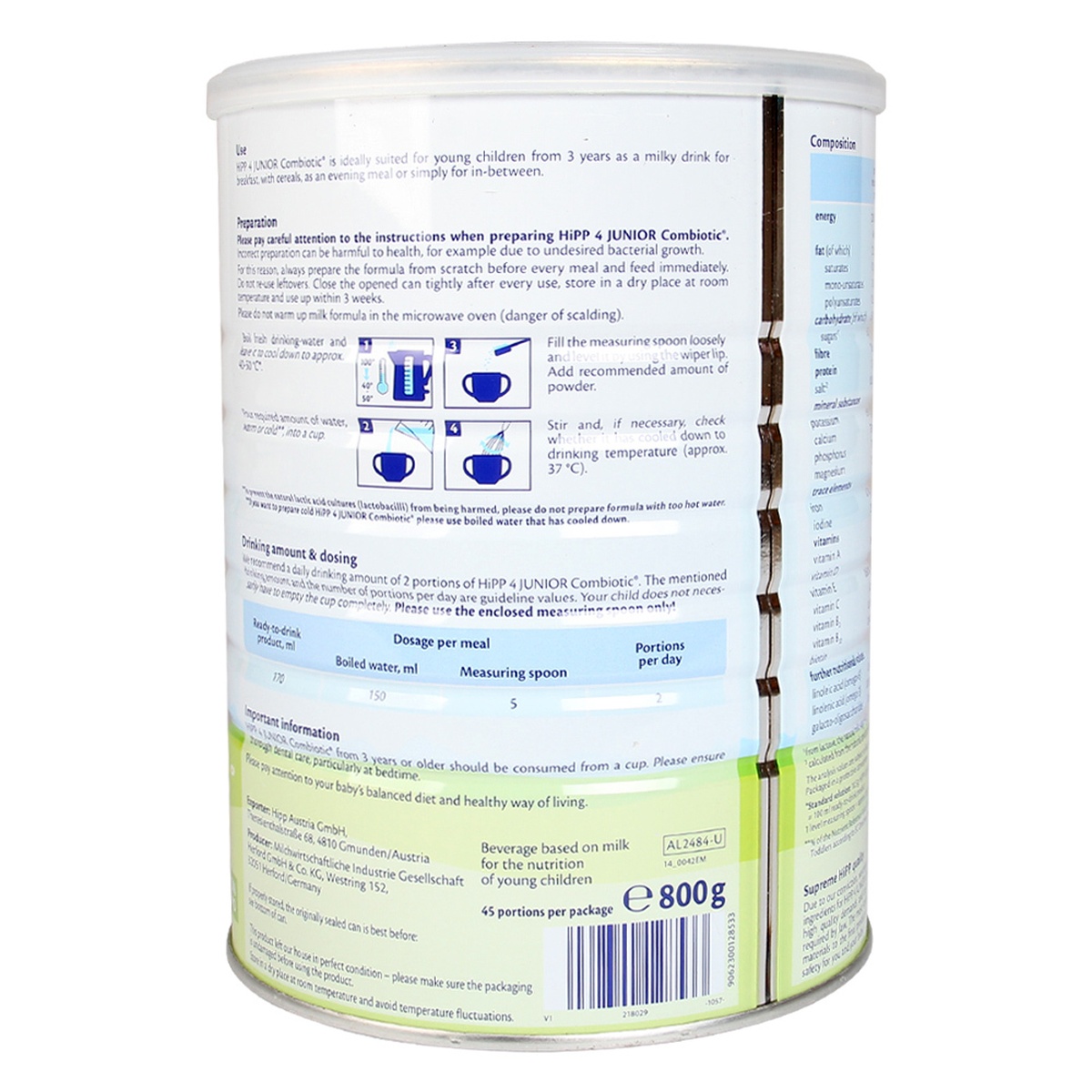 Sữa Hipp số 4 Junior Combiotic 800g - góc nghiêng