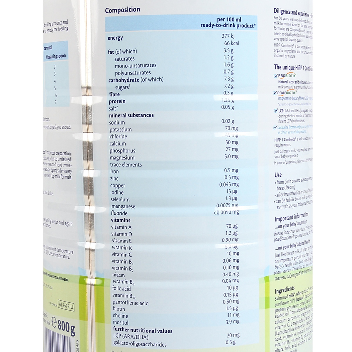 Sữa HiPP số 1 Combiotic Organic 800g  - mặt sau