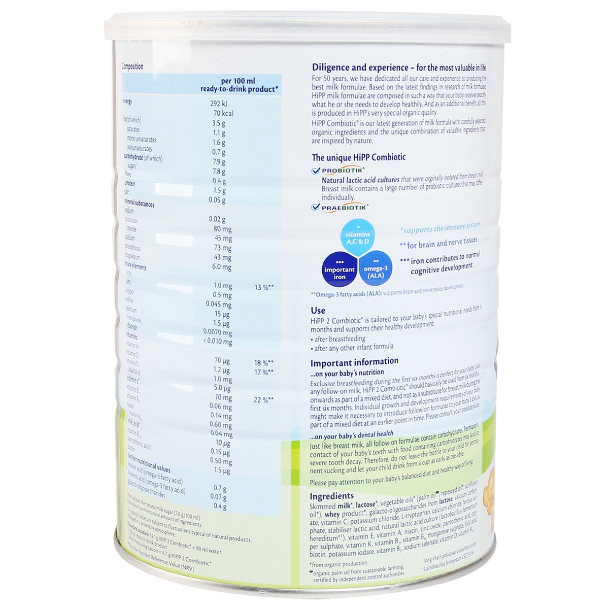 Sữa Hipp số 2 Combiotic Organic 800g (>6 tháng) - góc nghiêng