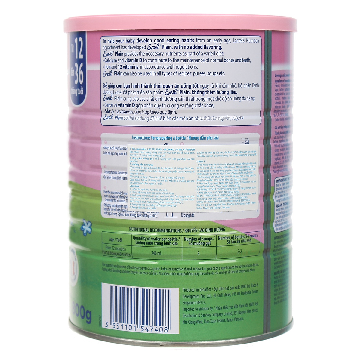 Sữa bột Lactel Eveil Growing Up Milk Powder 800g - mặt trái