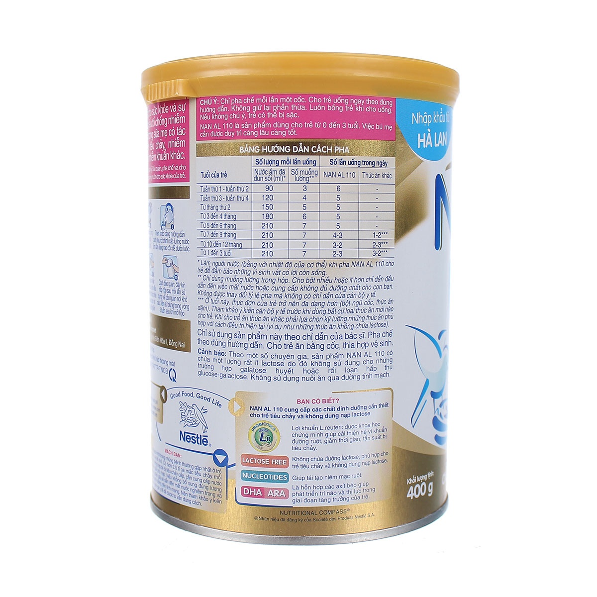Sữa Nan AL110 400g (0 - 3 tuổi) - mặt sau