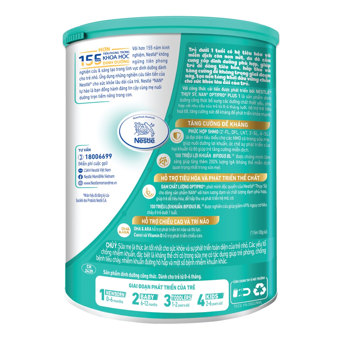 Sản phẩm dinh dưỡng công thức Nan Optipro Plus số 1 5HMO 800g cho bé 0-6 tháng tuổi - góc nghiêng