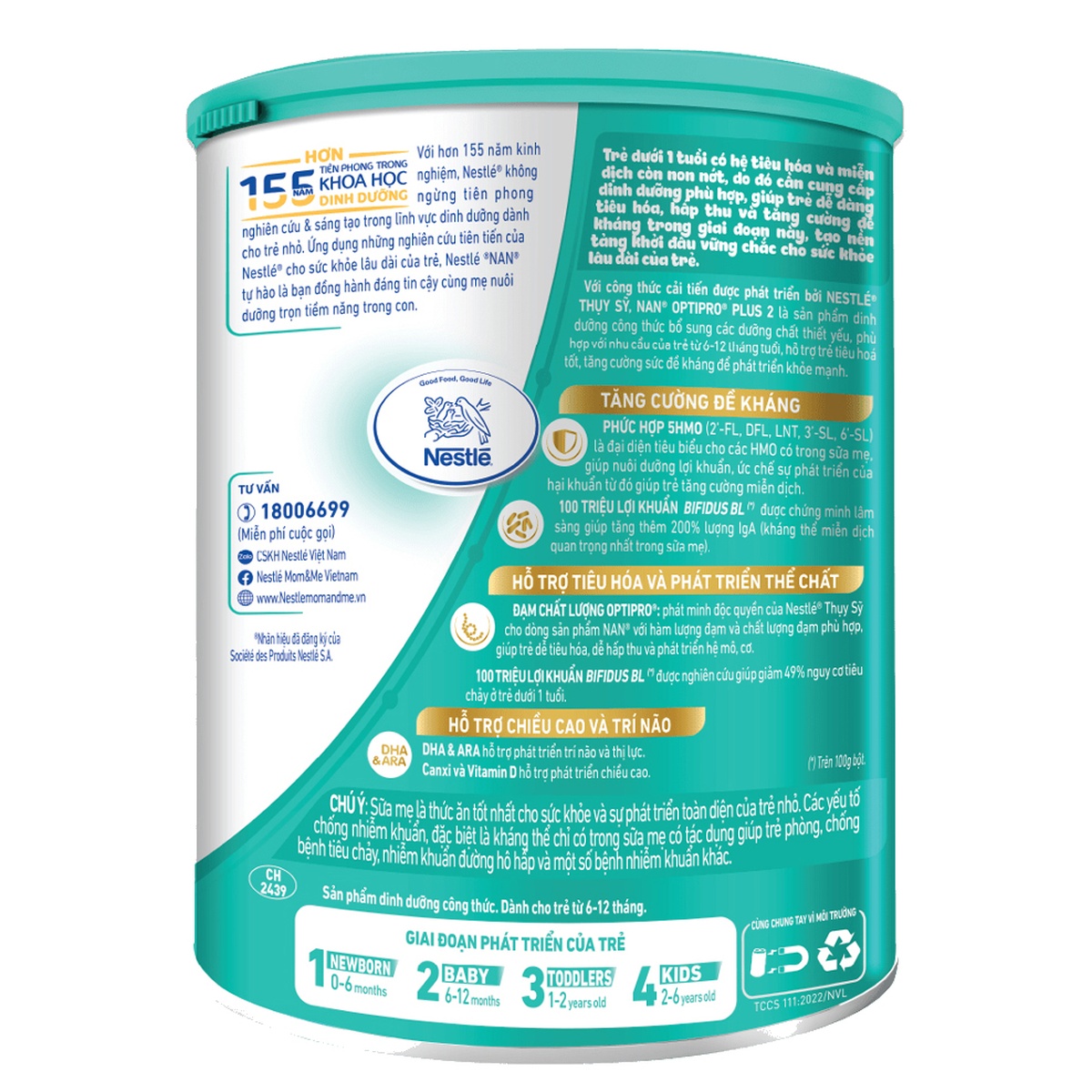 Sản phẩm dinh dưỡng công thức Nan Optipro Plus số 2 5HMO 800g cho bé 6-12 tháng tuổi - góc nghiêng