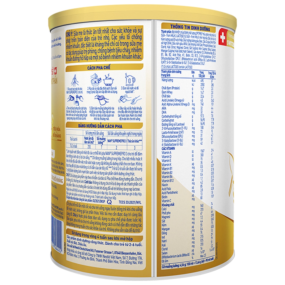 Sản phẩm dinh dưỡng công thức Nan Supreme Pro 3 800g cho bé 2-6 tuổi - mặt sau