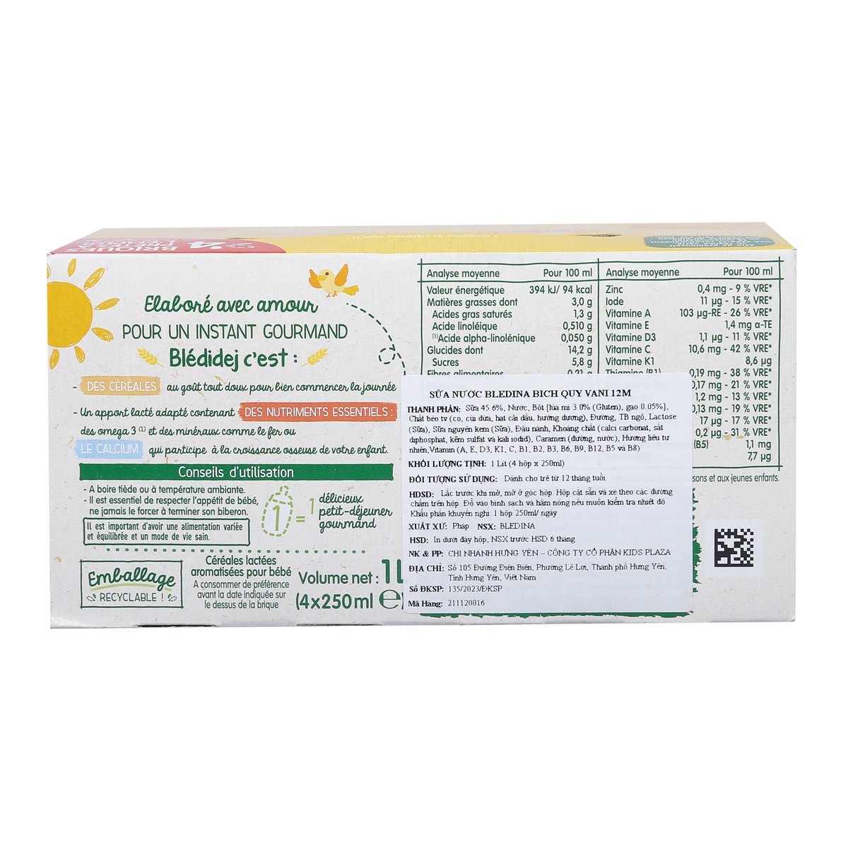 Sữa nước Bledina vị bích quy vani 12M+ - mặt sau