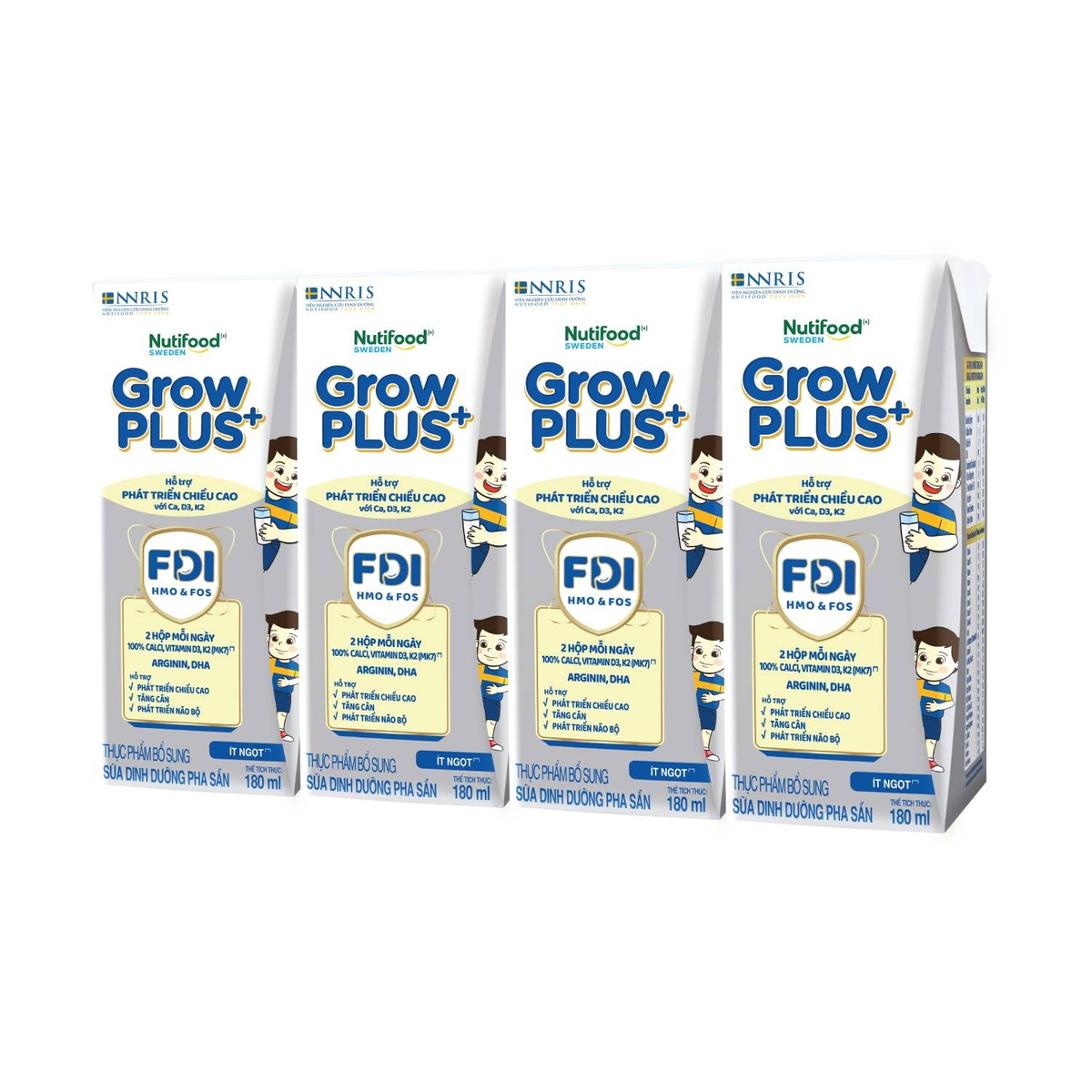 Sữa nước Nutifood GrowPLUS+ HeightBoosting ít ngọt cho bé từ 1 tuổi (4*180ml) - mặt trái
