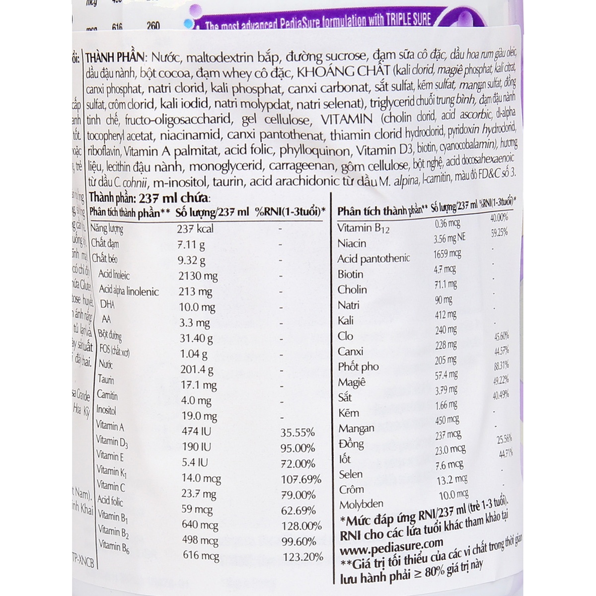 Sữa nước PediaSure BA 1+ hương Socola 237ml cho bé từ 1 - 10 tuổi - mặt sau