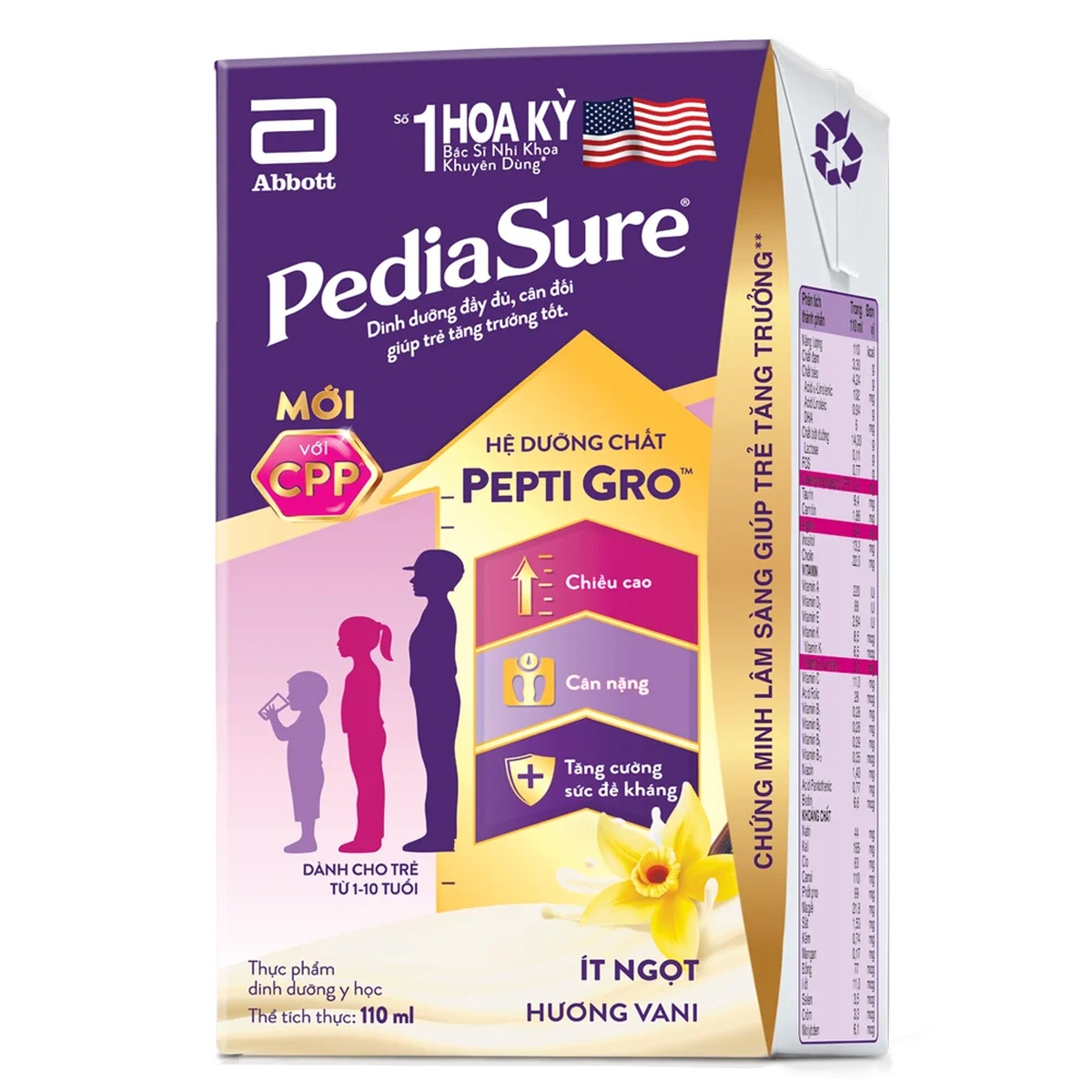 Sữa Pediasure nước 110mlx4 hương vani cho trẻ từ 1-10 tuổi - mặt phải
