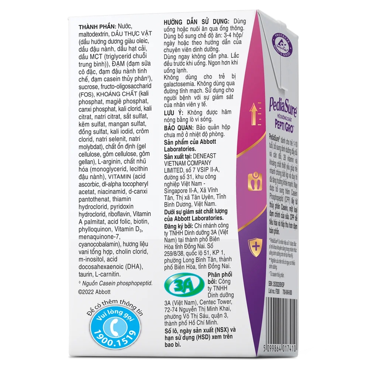 Sữa Pediasure nước 110mlx4 hương vani cho trẻ từ 1-10 tuổi - mặt sau