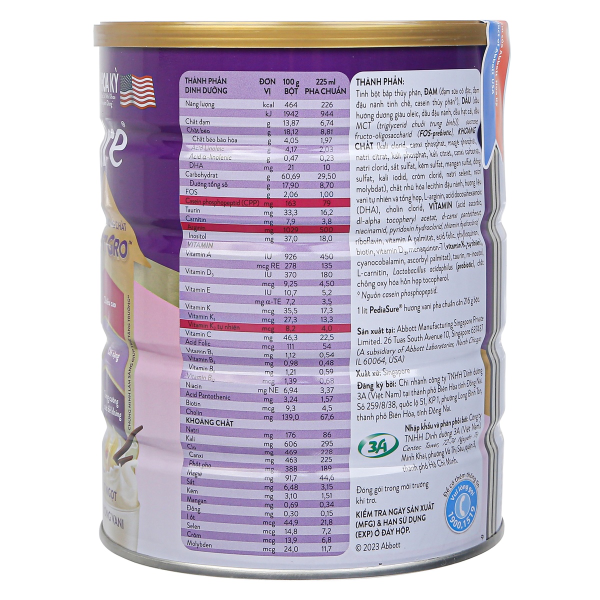 Thực phẩm dinh dưỡng y học Pediasure BA ít ngọt 800g (cho trẻ 1-10 tuổi) - góc nghiêng