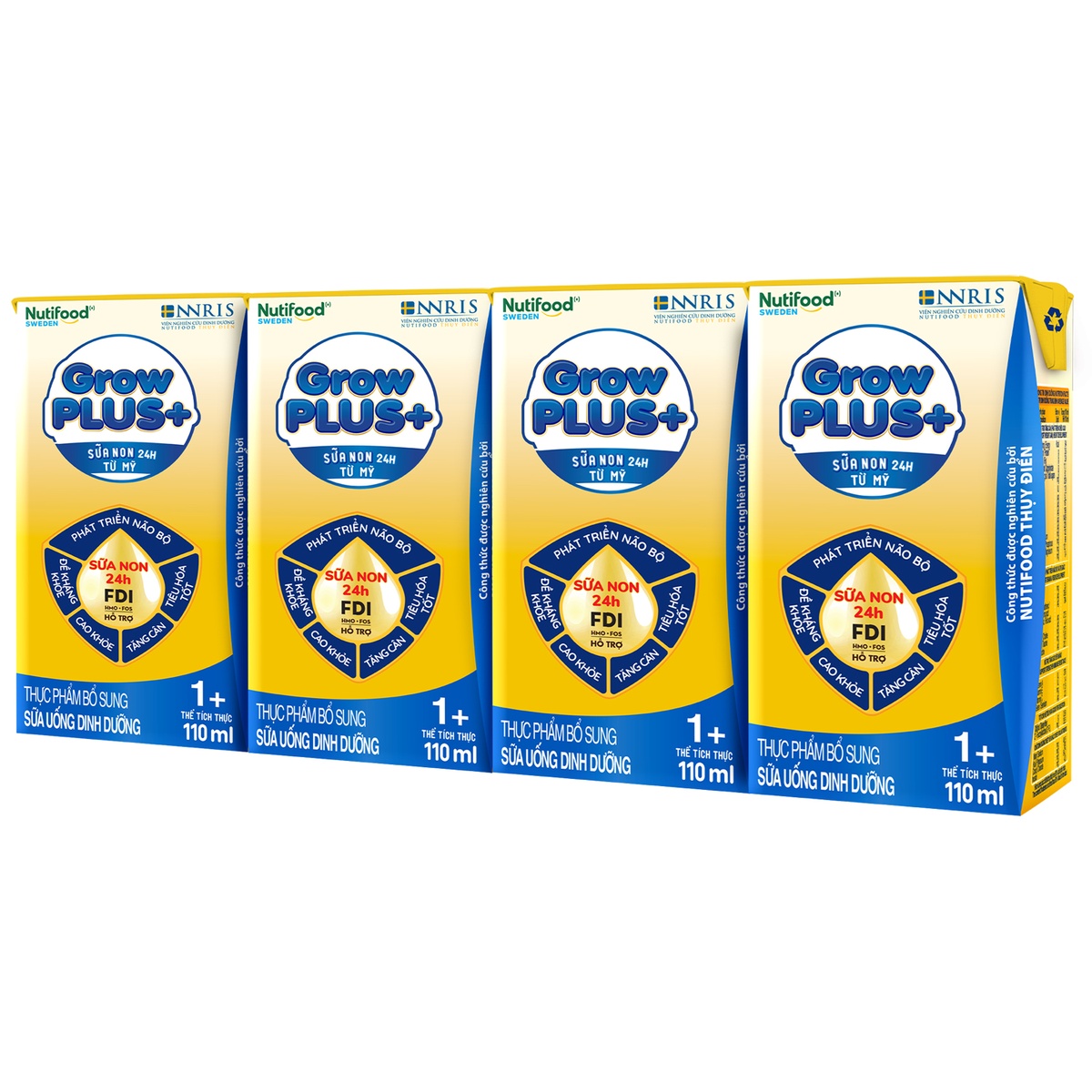 Sữa pha sẳn Nutifood GrowPlus+ Vàng 4*110ml - mặt trái