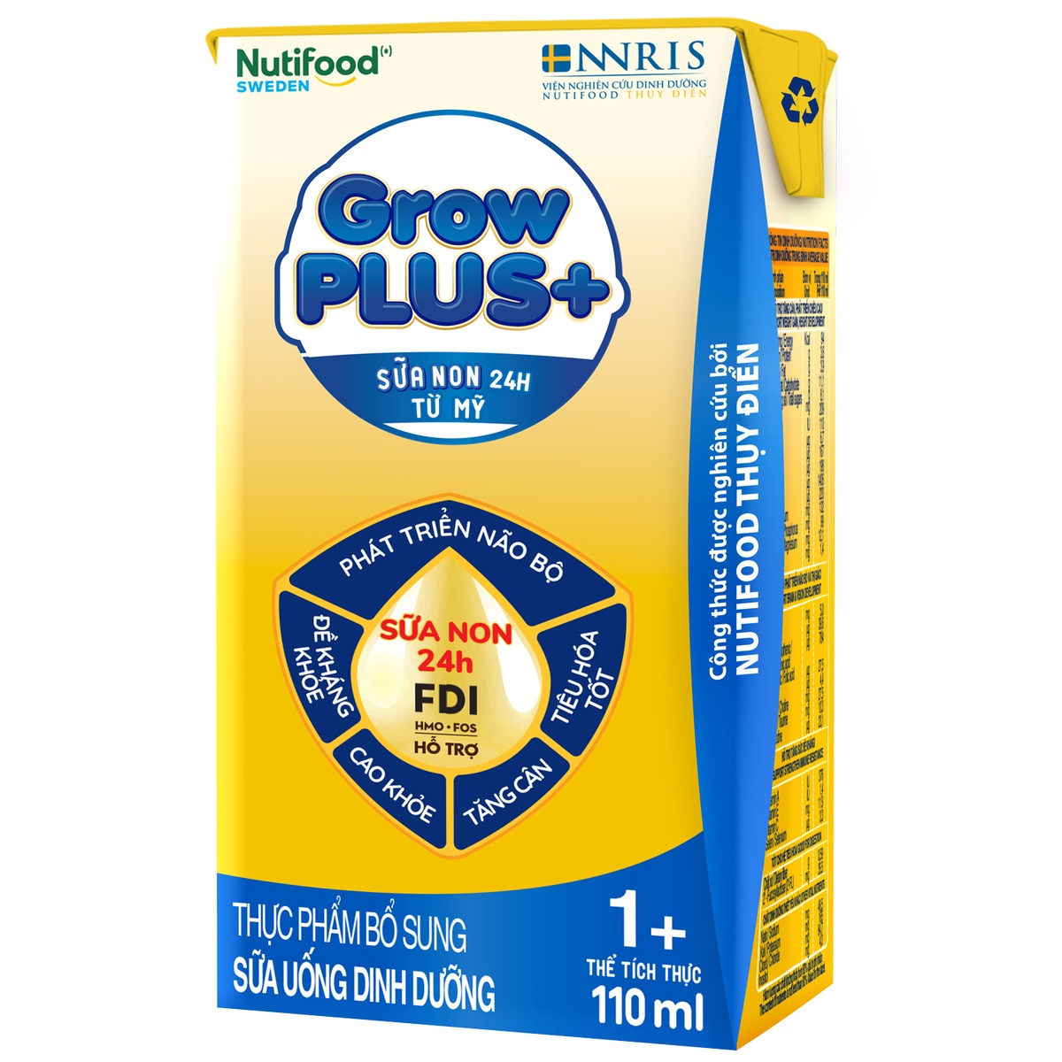 Sữa pha sẳn Nutifood GrowPlus+ Vàng 4*110ml - mặt phải